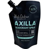 Black Chicken Remedies Axilla deodorant spray 250ml refill pouch on a white background