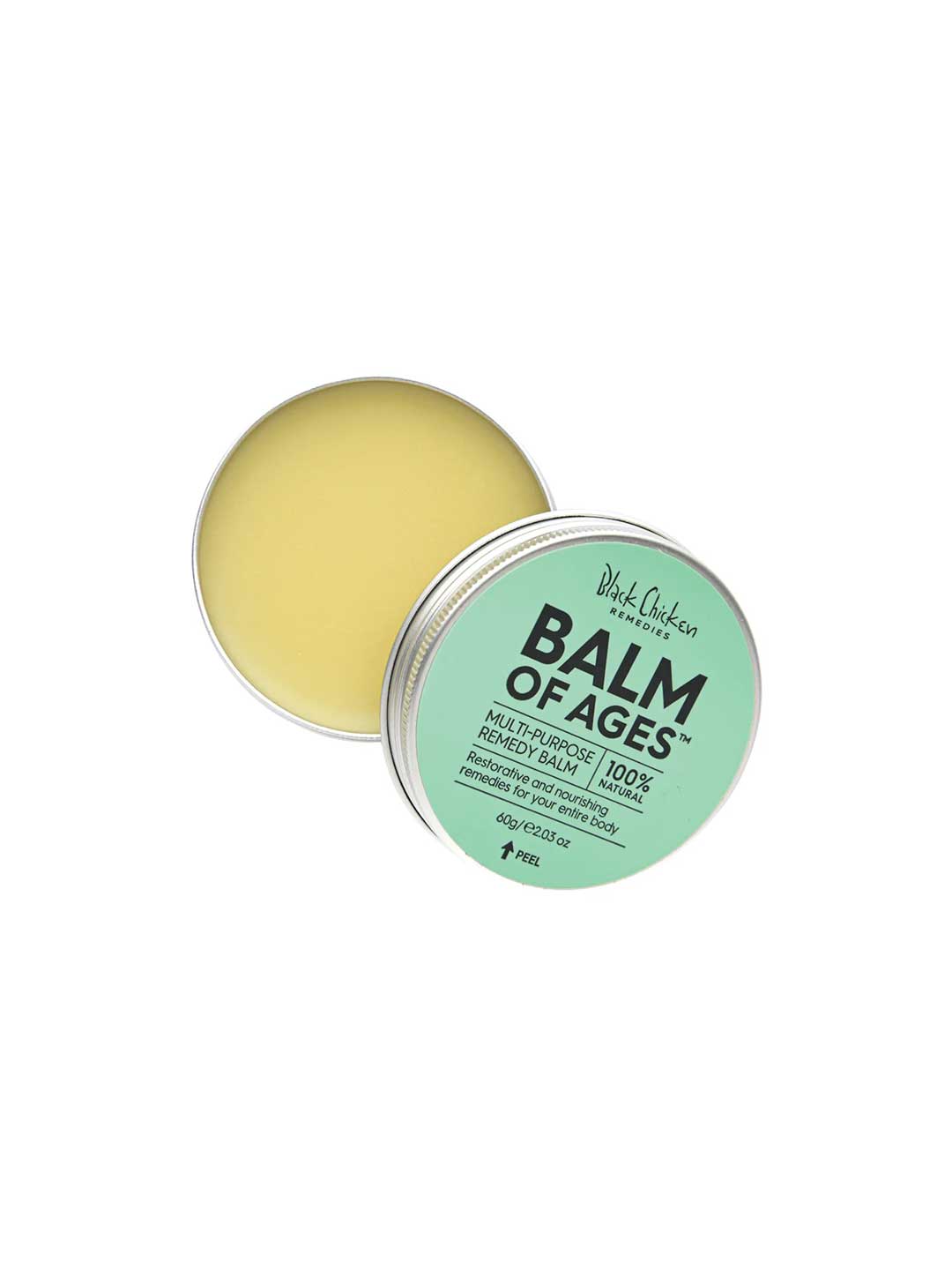 An open tin of Black Chicken Remedies Balm of Ages Multi-Purpose Remedy Balm 60g reveals pale yellow balm inside and a light green lid with product details, crafted from natural ingredients for an effective organic remedy.