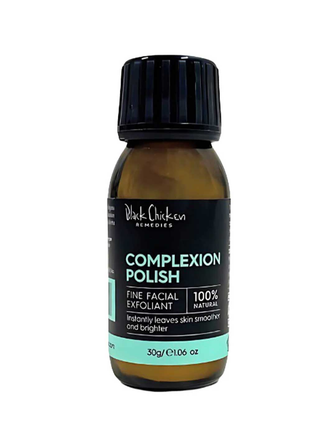A 30g brown bottle of Black Chicken Remedies Complexion Polish features a black cap and a black, teal, and white label, highlighting its 100% natural rice powder gentle scrub formula.