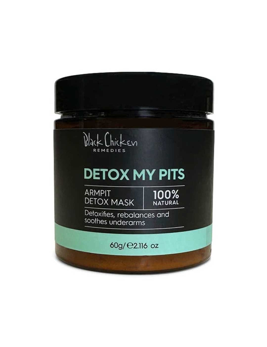 Black Chicken Remedies Detox My Pits Armpit Detox Mask 60g is a 100% natural formula that detoxifies, soothes, and rebalances underarms—ideal for underarm care or switching to natural deodorant. Contains 60g (2.116 oz).