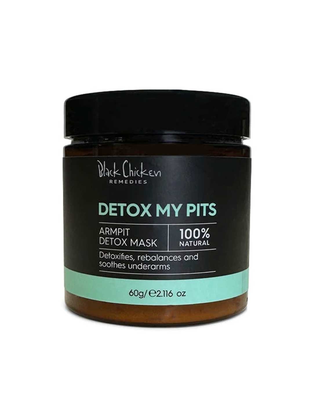 Black Chicken Remedies Detox My Pits Armpit Detox Mask 60g is a 100% natural formula that detoxifies, soothes, and rebalances underarms—ideal for underarm care or switching to natural deodorant. Contains 60g (2.116 oz).