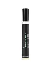 The Black Chicken Remedies Essential Oil Perfume #1 Transcendence 9ml comes in a small glass roller bottle with a black cap and label, featuring white text—perfect as a calming essential oil perfume.