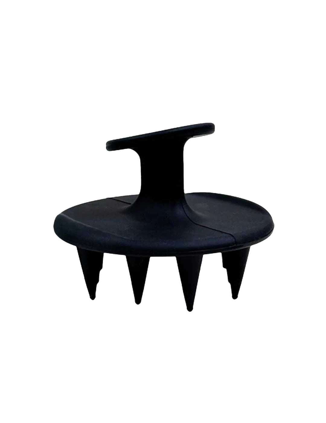 The Black Chicken Remedies HairOM Scalp Brush is a black handheld brush with a round base, ergonomic top handle, and short, pointed silicone bristles for effective hair care and soothing scalp massages.