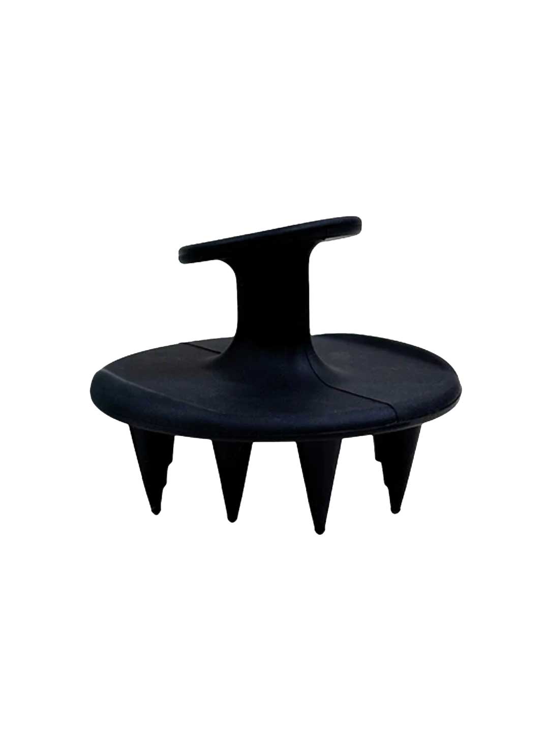 The Black Chicken Remedies HairOM Scalp Brush is a black handheld brush with a round base, ergonomic top handle, and short, pointed silicone bristles for effective hair care and soothing scalp massages.