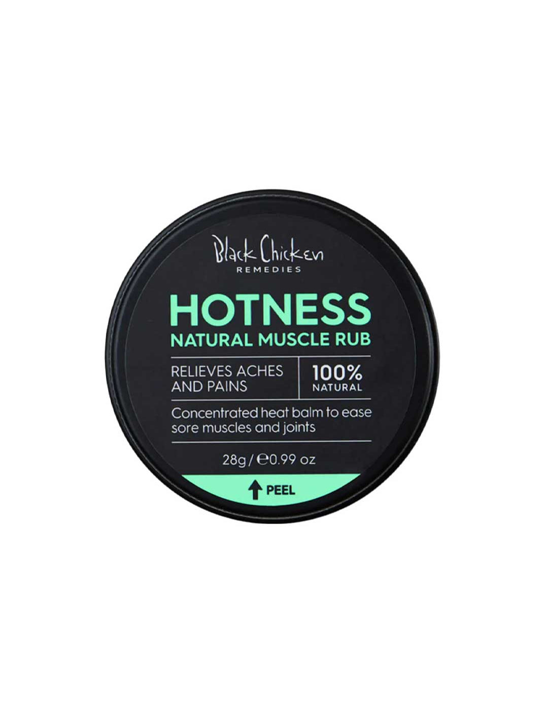 A 28g round black container labeled Black Chicken Remedies Hotness Natural Muscle Rub features arnica in a 100% natural warming balm to help relieve aches and pains, with directions to peel the label for more information.