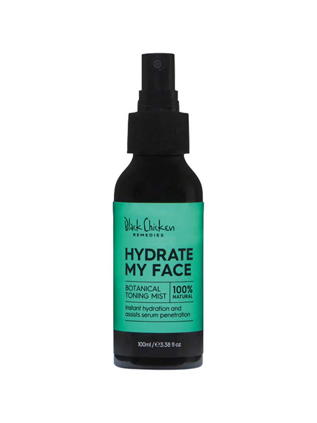 A black spray bottle labeled Black Chicken Remedies Hydrate My Face Toning Mist 100ml. This mint facial toner with Witch Hazel provides instant hydration and helps serum absorption. 100% natural.