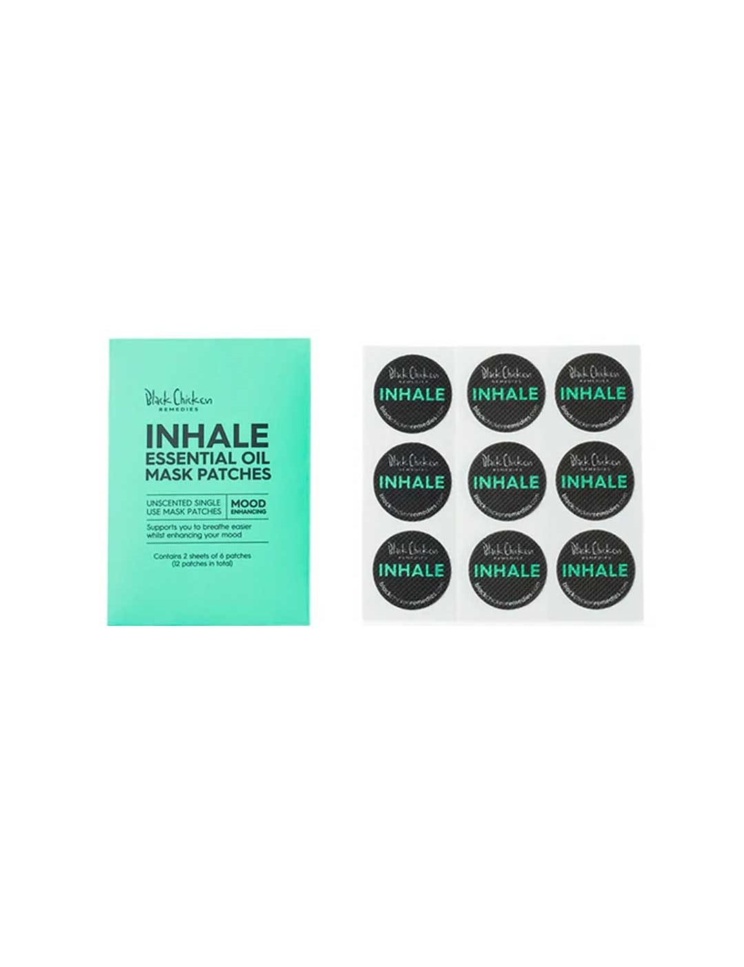 A packet labeled Black Chicken Remedies Inhale Essential Oil Patches 12pk is shown beside six round black aromatherapy patches with matching labels, arranged in two rows of three.