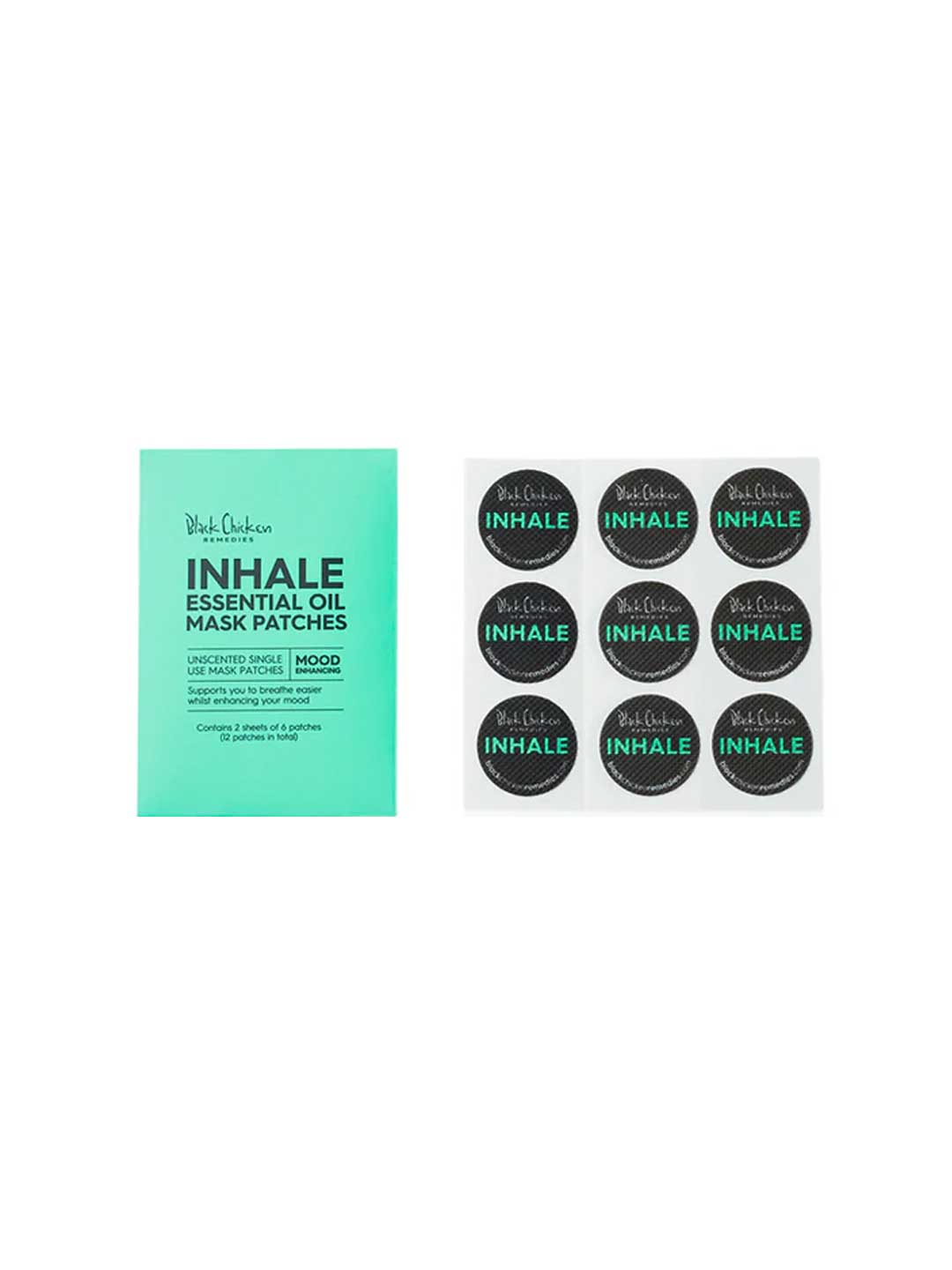 A packet labeled Black Chicken Remedies Inhale Essential Oil Patches 12pk is shown beside six round black aromatherapy patches with matching labels, arranged in two rows of three.