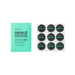 A packet labeled Black Chicken Remedies Inhale Essential Oil Patches 12pk is shown beside six round black aromatherapy patches with matching labels, arranged in two rows of three.