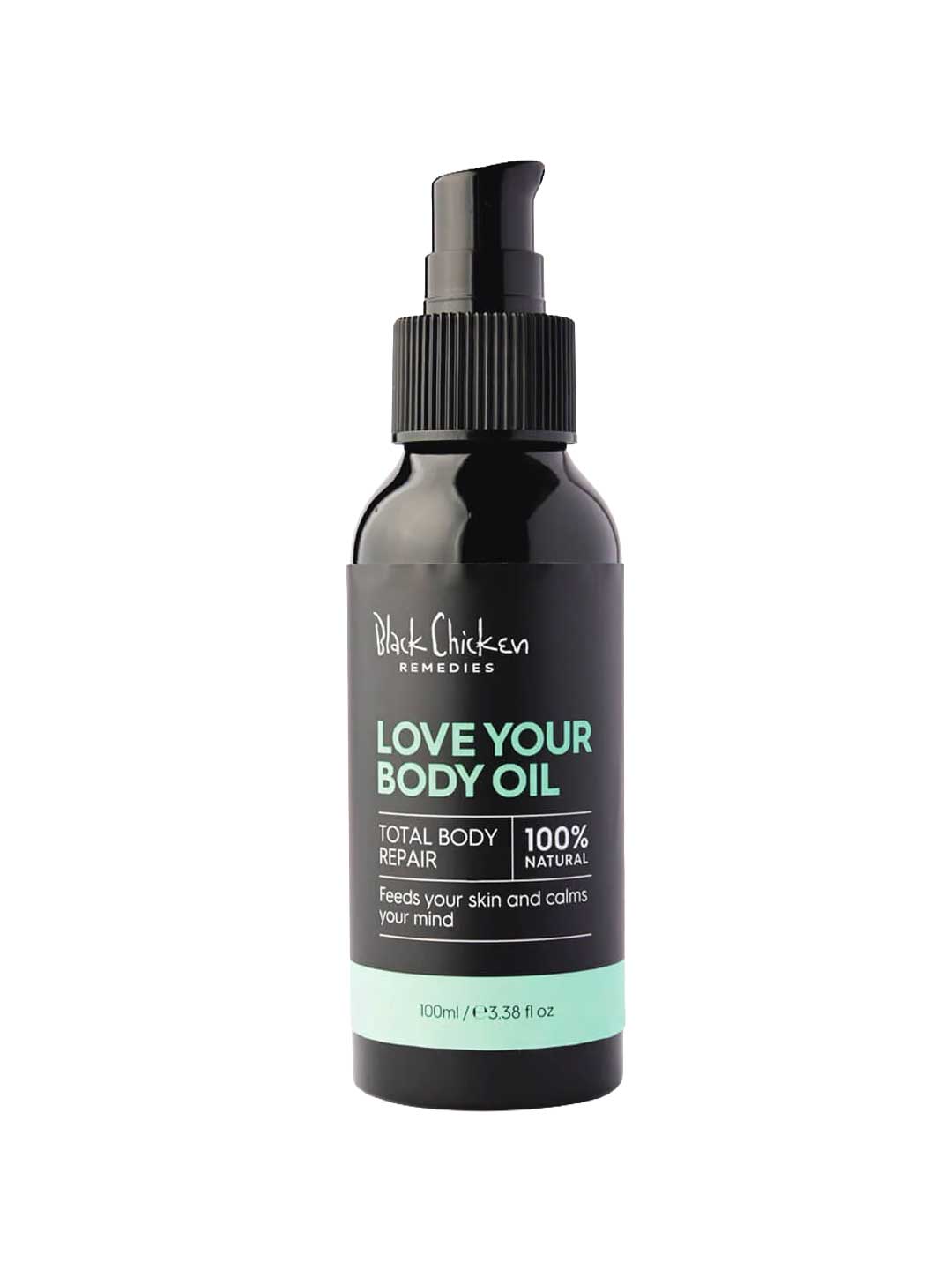 Black Chicken Remedies Love Your Body Oil 100ml comes in a black pump bottle. This 100% natural oil hydrates, repairs skin, and calms your mind—ideal for daily use and aromatherapy.