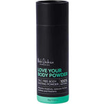 An 80g cylindrical container of Black Chicken Remedies Love Your Body Powder Talc Free Body Powder, labeled 100% natural with black and green text on a black background.