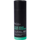 An 80g cylindrical container of Black Chicken Remedies Love Your Body Powder Talc Free Body Powder, labeled 100% natural with black and green text on a black background.