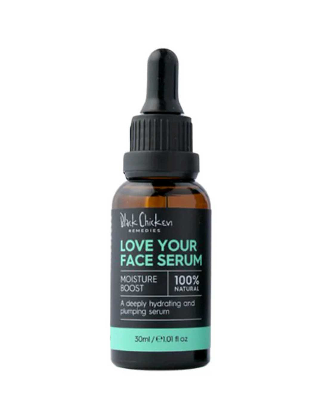 A 30ml brown glass dropper bottle labeled Black Chicken Remedies Love Your Face Serum, highlighting Moisture Boost, 100% Natural, and a deeply hydrating formula to plump skin and smooth fine lines.