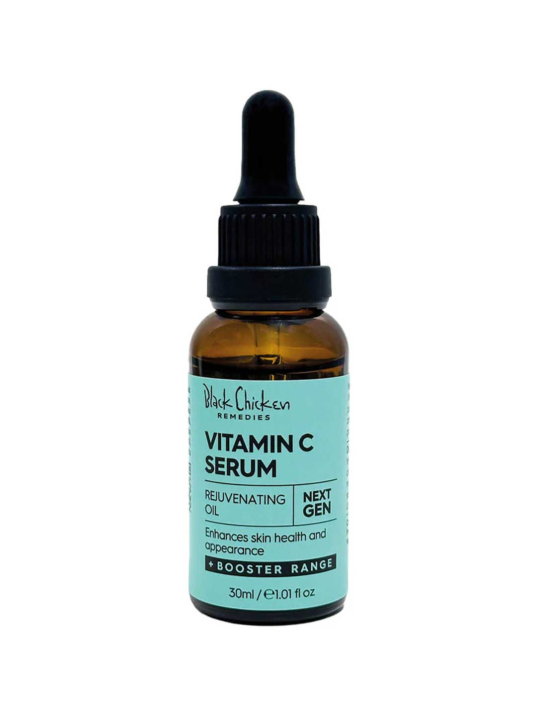 A brown glass dropper bottle labeled Black Chicken Remedies Next Gen Vitamin C Serum 30ml, with a black cap and blue label, contains rejuvenating oil to brighten and improve the health and appearance of sensitive skin.