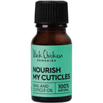 A small brown bottle with a black cap labeled Black Chicken Remedies Nourish My Cuticles Nail & Cuticle Oil 9ml, ideal for nail and cuticle care, rests on a green background.