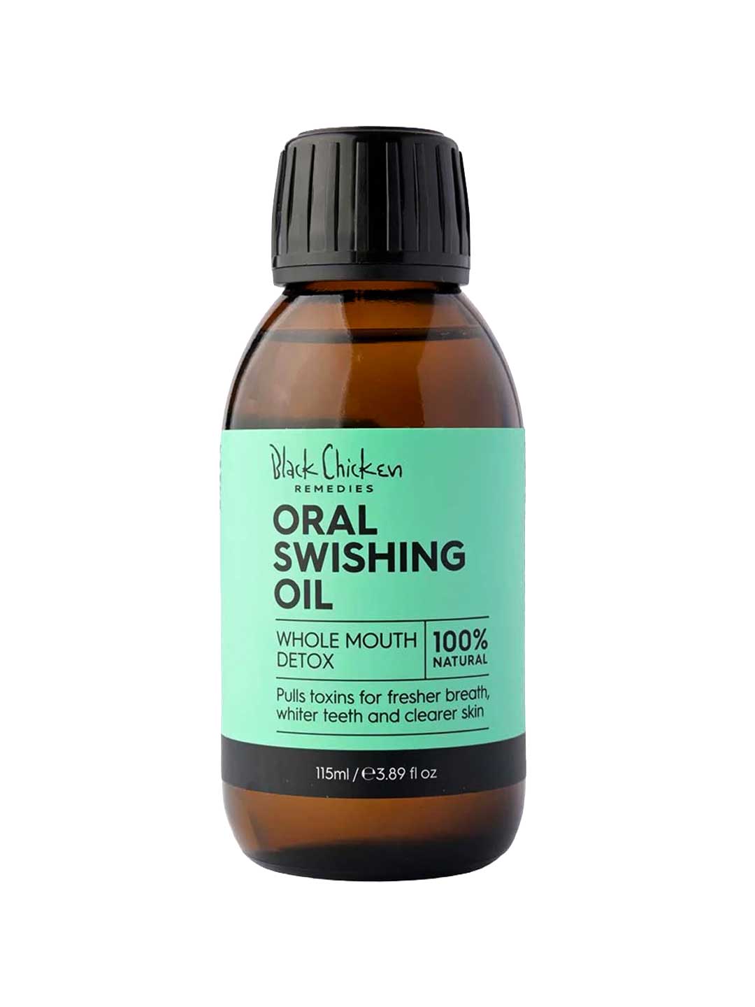 A 115ml bottle of Black Chicken Remedies Oral Swishing Oil with a teal label and black cap helps detox your mouth naturally for fresher breath, whiter teeth, and clearer skin. Ideal for Ayurvedic oil pulling oral care.