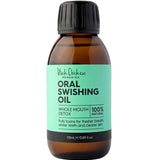 A 115ml bottle of Black Chicken Remedies Oral Swishing Oil with a teal label and black cap helps detox your mouth naturally for fresher breath, whiter teeth, and clearer skin. Ideal for Ayurvedic oil pulling oral care.