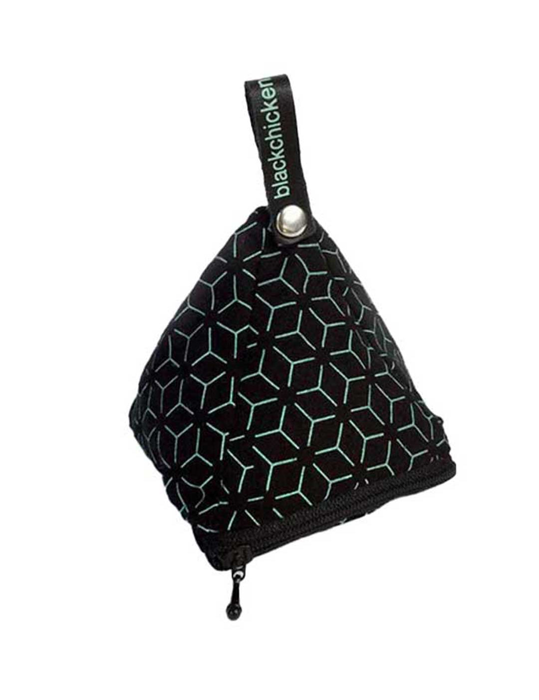 The Black Chicken Remedies Pyramedial Lavender Sleep Pouch is a small, pyramid-shaped black pouch with a blue geometric pattern and strap, filled with organic lavender to enhance your sleep environment.