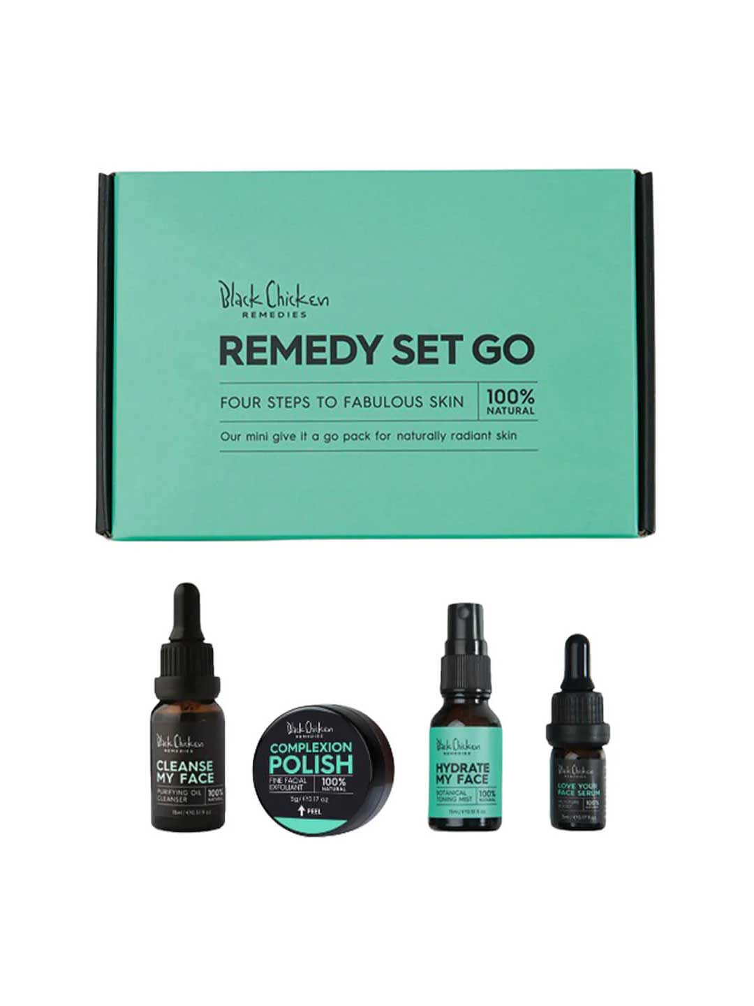 The Black Chicken Remedies Remedy-Set-Go 4pc Travel Pack features a turquoise and black box with two dropper bottles, one spray bottle, and a small jar—ideal for your natural facial skincare routine with essential oils.