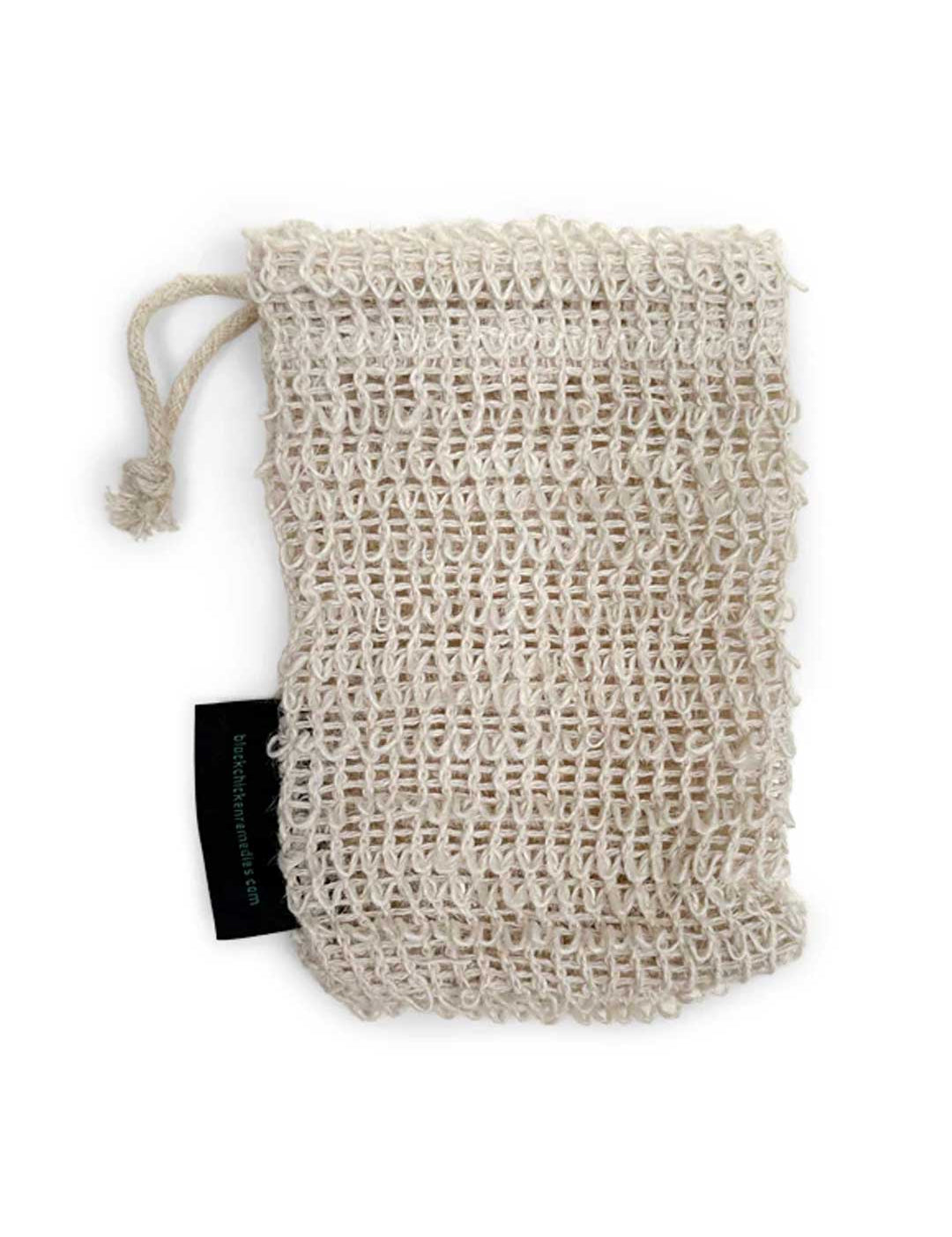 The Black Chicken Remedies Sisal Soap Saver Bag is a small, off-white natural fiber mesh pouch with a drawstring and black fabric tag, shown against a plain white background.