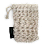 The Black Chicken Remedies Sisal Soap Saver Bag is a small, off-white natural fiber mesh pouch with a drawstring and black fabric tag, shown against a plain white background.