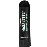 The Black Chicken Remedies Slumber Nasalette Essential Oil Inhaler is a black cylindrical tube labeled with instructions "TURN TO OPEN," ideal for bedtime aromatherapy to help you unwind with its calming essential oil blend.