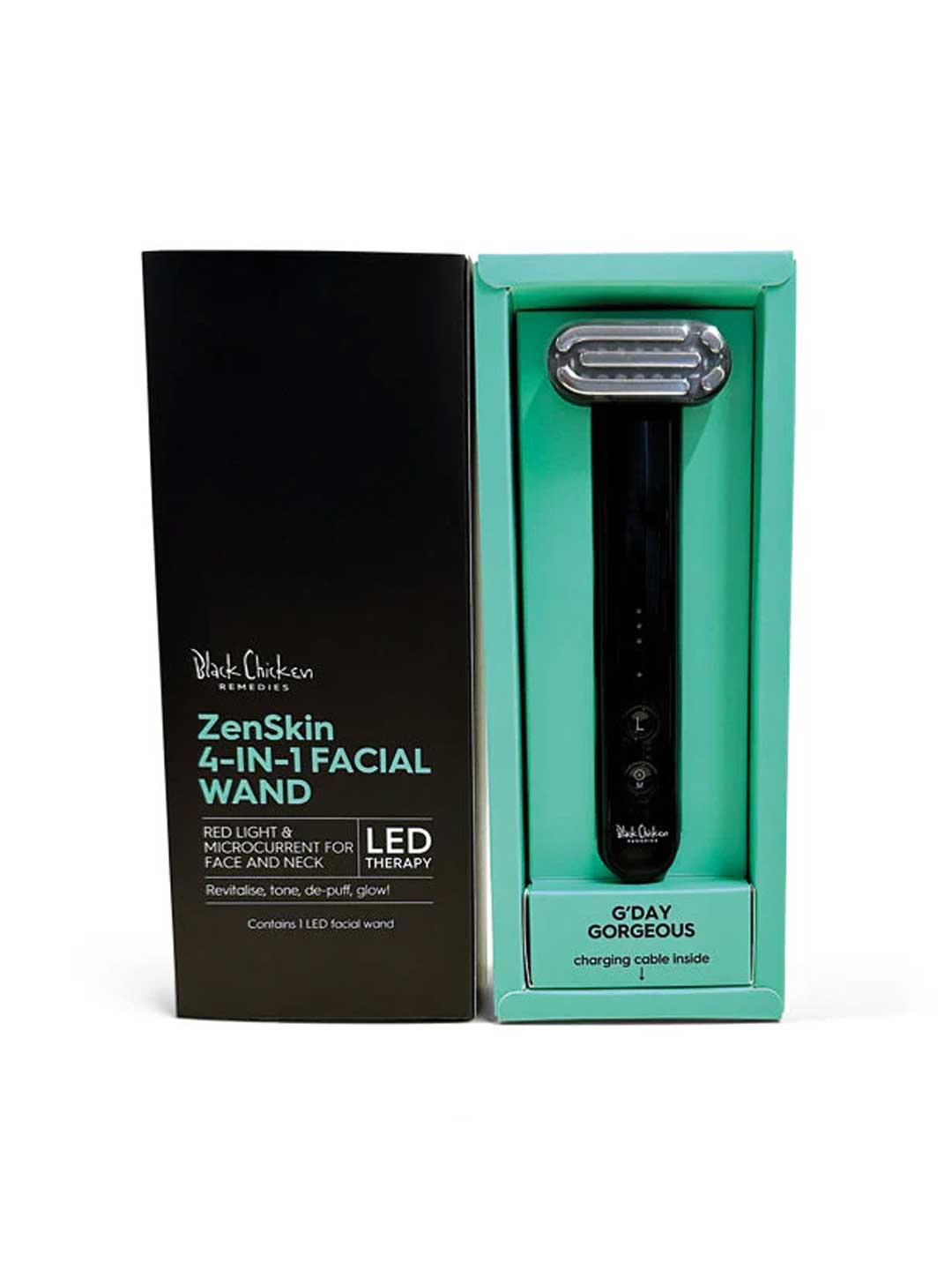 The boxed Black Chicken Remedies ZenSkin 4-in-1 LED Facial Wand, featuring microcurrent technology, stands upright in its teal and black packaging that showcases the product name and key features.