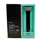 The boxed Black Chicken Remedies ZenSkin 4-in-1 LED Facial Wand, featuring microcurrent technology, stands upright in its teal and black packaging that showcases the product name and key features.