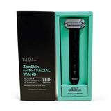 The boxed Black Chicken Remedies ZenSkin 4-in-1 LED Facial Wand, featuring microcurrent technology, stands upright in its teal and black packaging that showcases the product name and key features.