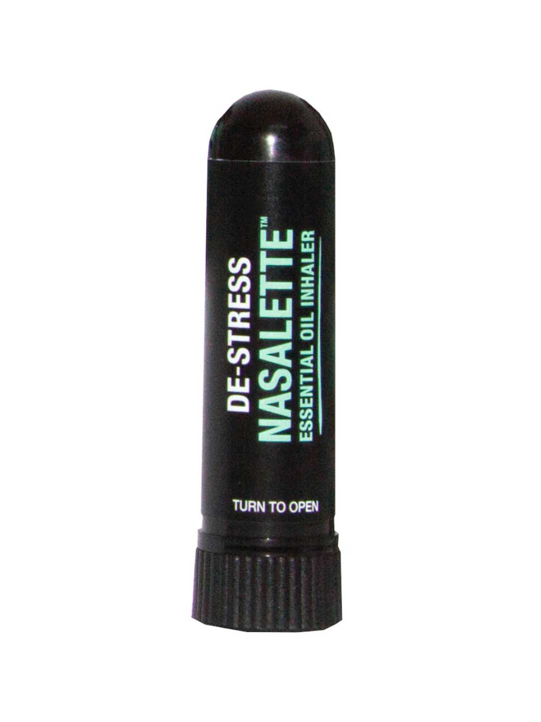The Black Chicken Remedies De-Stress Nasalette Essential Oil Inhaler is a black, portable cylindrical tube for aromatherapy, featuring “TURN TO OPEN” instructions at the bottom.