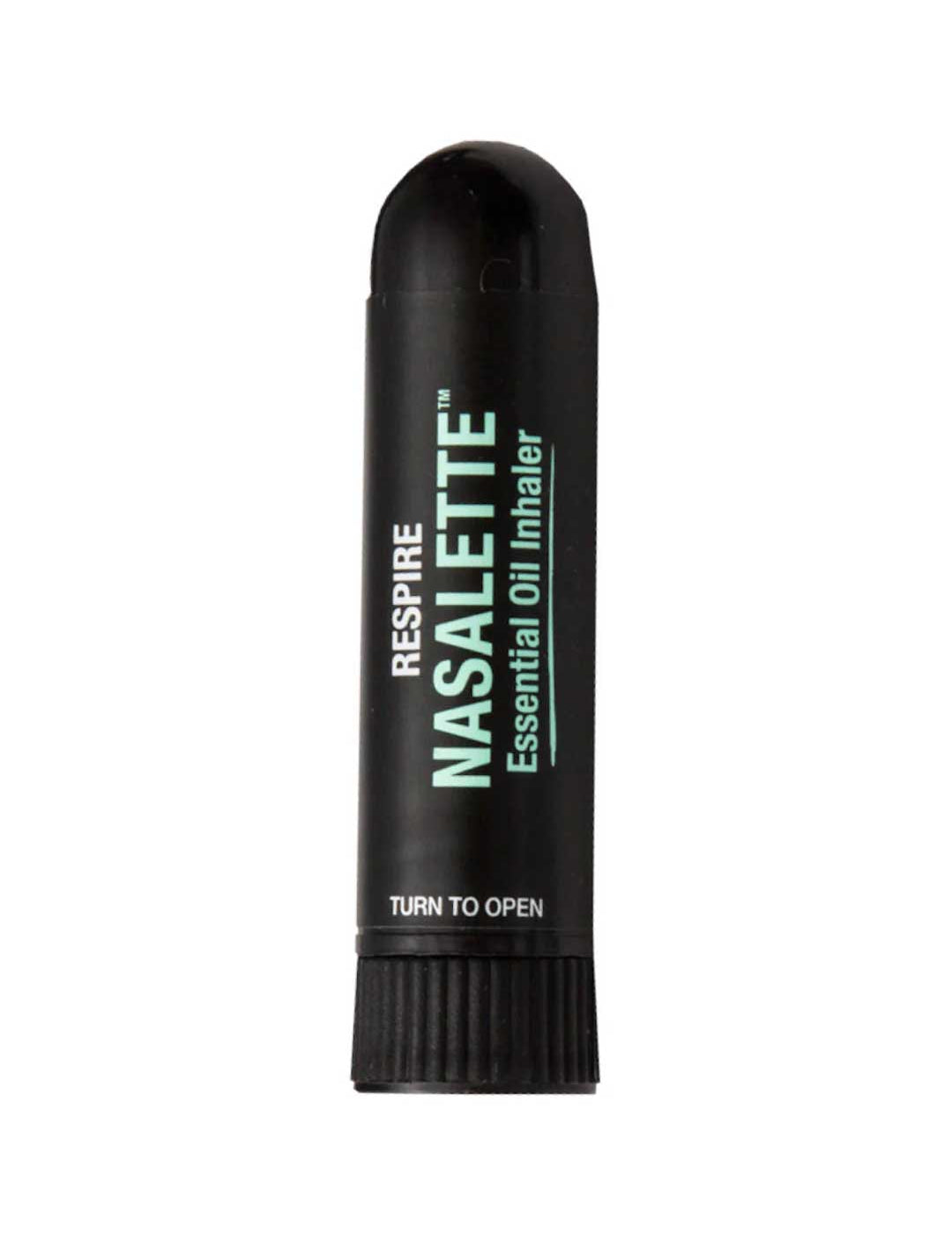 A Black Chicken Remedies Respire Nasalette Natural Essential Oil Inhaler, labeled "TURN TO OPEN" on the bottom cap, stands upright against a white background and features an aromatherapy blend.