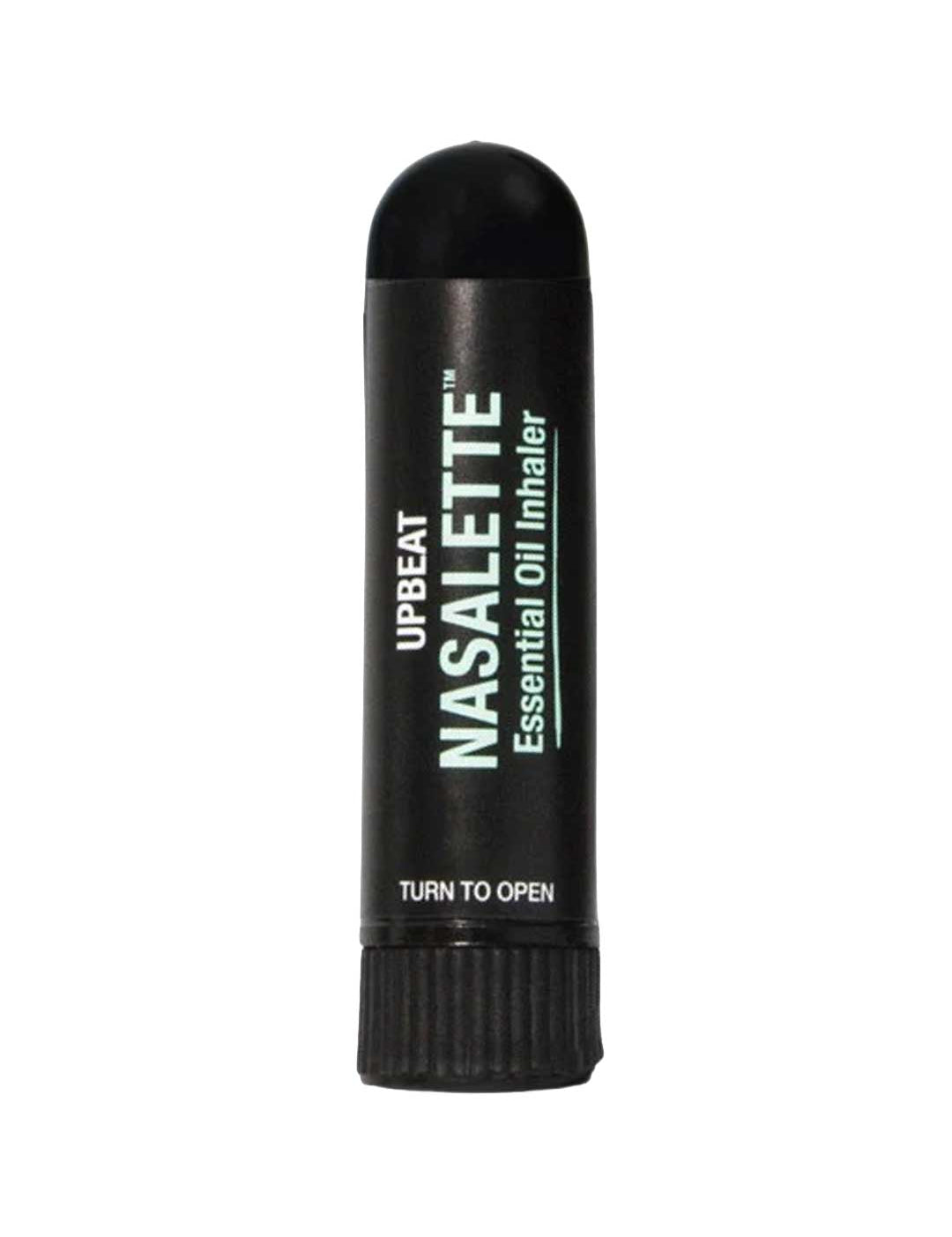 The Black Chicken Remedies Upbeat Nasalette Natural Essential Oil Inhaler is a black, cylindrical aromatherapy inhaler labeled "UPBEAT NASALETTE" with "TURN TO OPEN" instructions near the bottom, offering uplifting scents on the go.