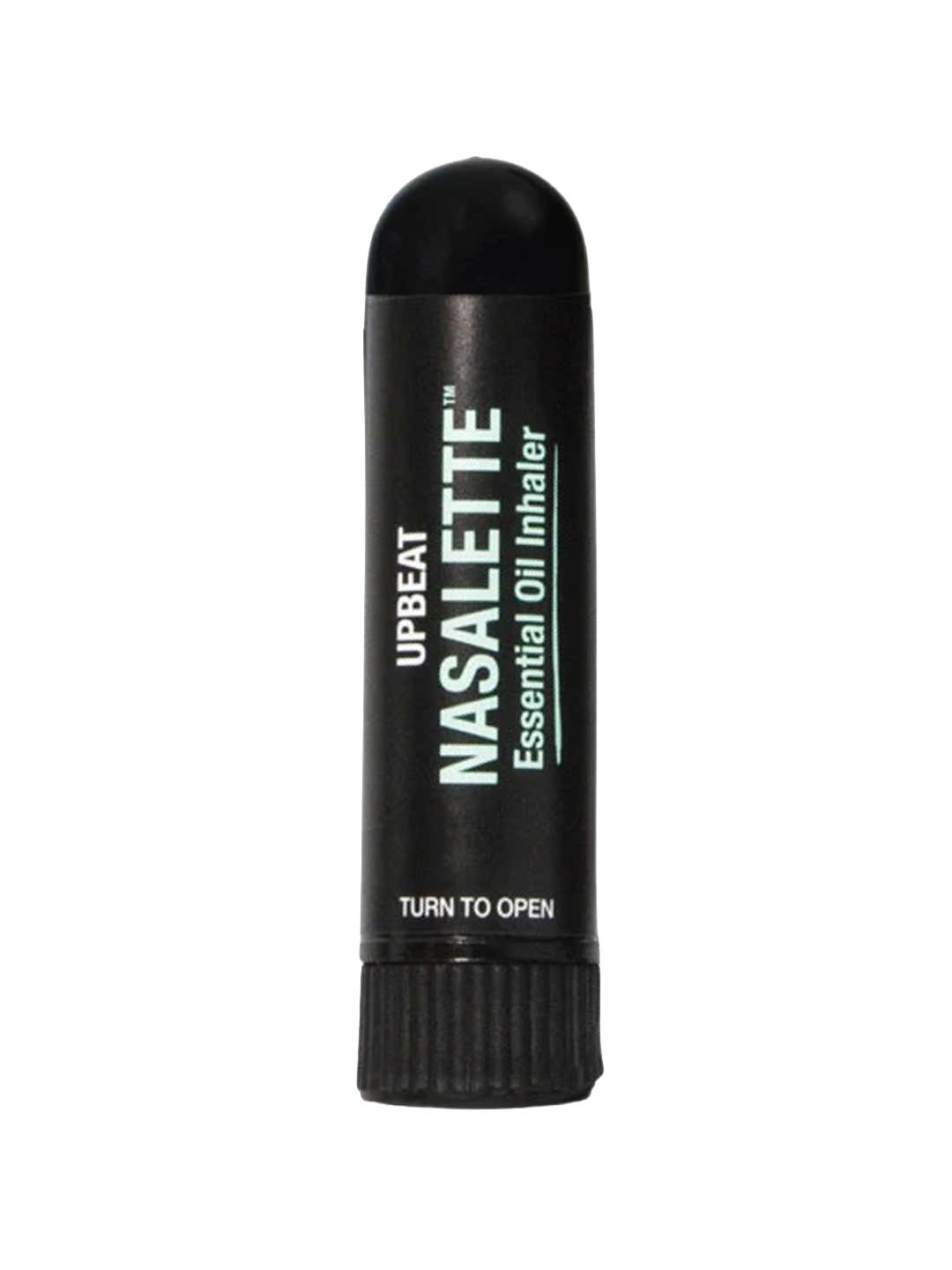 The Black Chicken Remedies Upbeat Nasalette Natural Essential Oil Inhaler is a black, cylindrical aromatherapy inhaler labeled "UPBEAT NASALETTE" with "TURN TO OPEN" instructions near the bottom, offering uplifting scents on the go.