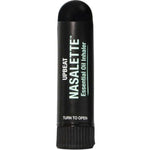 The Black Chicken Remedies Upbeat Nasalette Natural Essential Oil Inhaler is a black, cylindrical aromatherapy inhaler labeled "UPBEAT NASALETTE" with "TURN TO OPEN" instructions near the bottom, offering uplifting scents on the go.