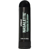 The Black Chicken Remedies Upbeat Nasalette Natural Essential Oil Inhaler is a black, cylindrical aromatherapy inhaler labeled "UPBEAT NASALETTE" with "TURN TO OPEN" instructions near the bottom, offering uplifting scents on the go.