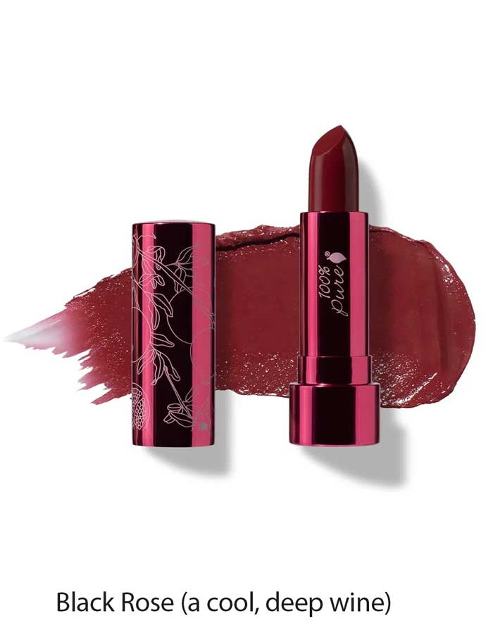The 100% Pure Pomegranate Oil Moisturising Lipstick 4.5g in Black Rose—a cool, deep wine shade—comes in a shiny metallic case. Richly pigmented and vegan, it moisturizes lips while delivering bold color and nourishing comfort.