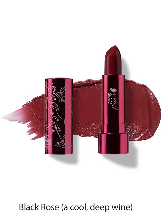 The 100% Pure Pomegranate Oil Moisturising Lipstick 4.5g in Black Rose—a cool, deep wine shade—comes in a shiny metallic case. Richly pigmented and vegan, it moisturizes lips while delivering bold color and nourishing comfort.