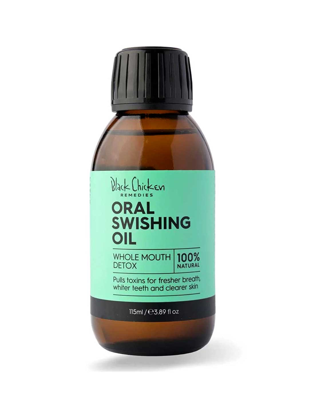 Bottle of Black Chicken Remedies Oral Swishing Oil with a green label on a white background