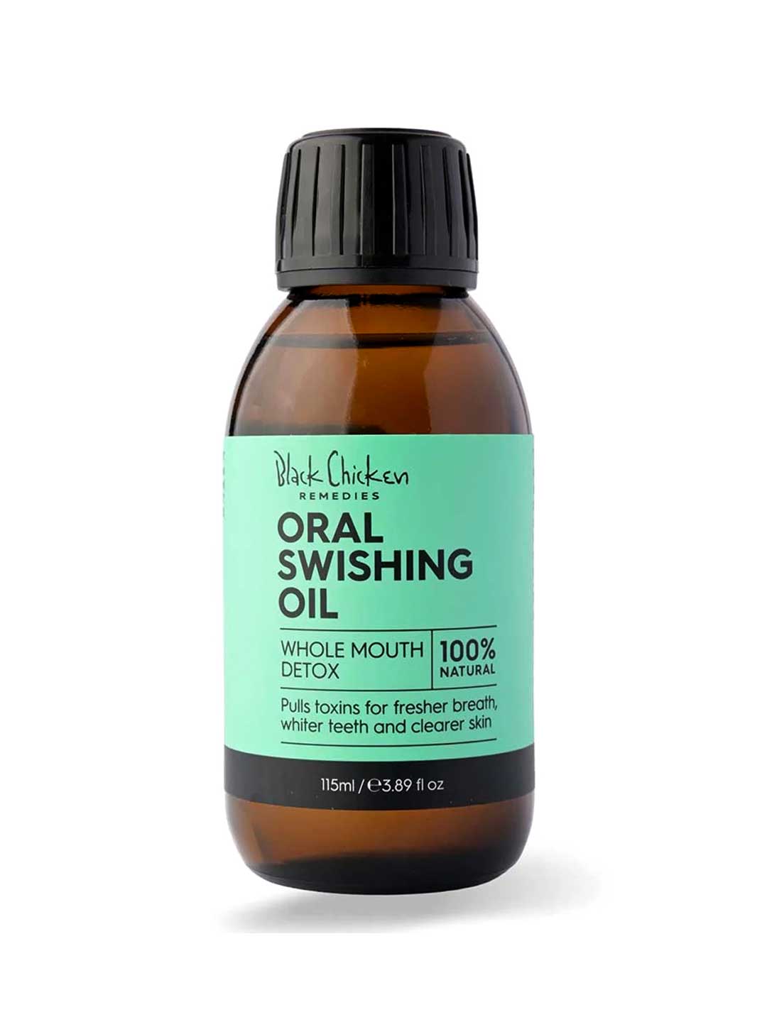 Bottle of Black Chicken Remedies Oral Swishing Oil with a green label on a white background