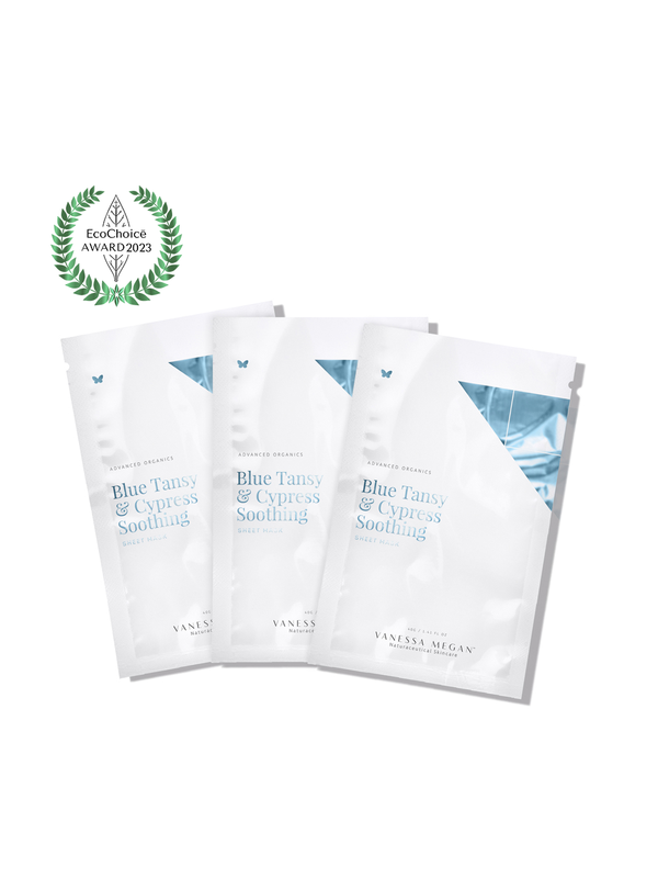 Trio of Vanessa Megan Blue Tansy and Cypress Sheet Masks with award laurel