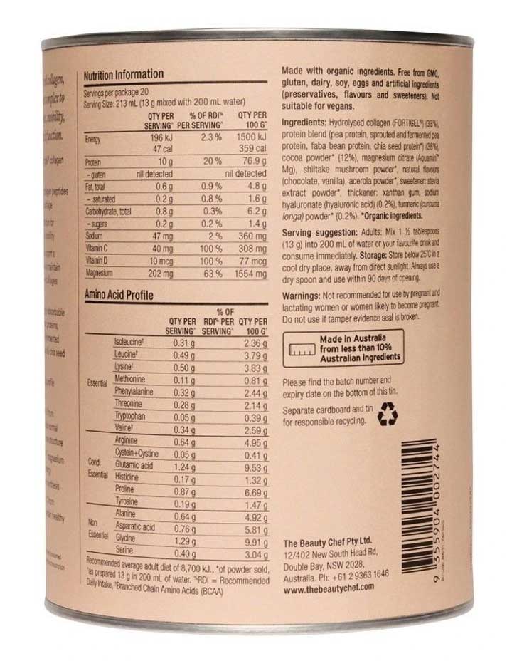 The Beauty Chef Body Collagen™ Chocolate 260g comes in a cylindrical can with a beige label featuring nutrition info, collagen peptides profile, ingredients, usage instructions, company details, and recycling symbols in black text for joint support.