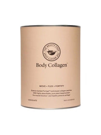 A 260g cylindrical container of The Beauty Chef Body Collagen™ Chocolate, with a beige label and black text, offers a collagen peptides protein complex designed to support joint health.