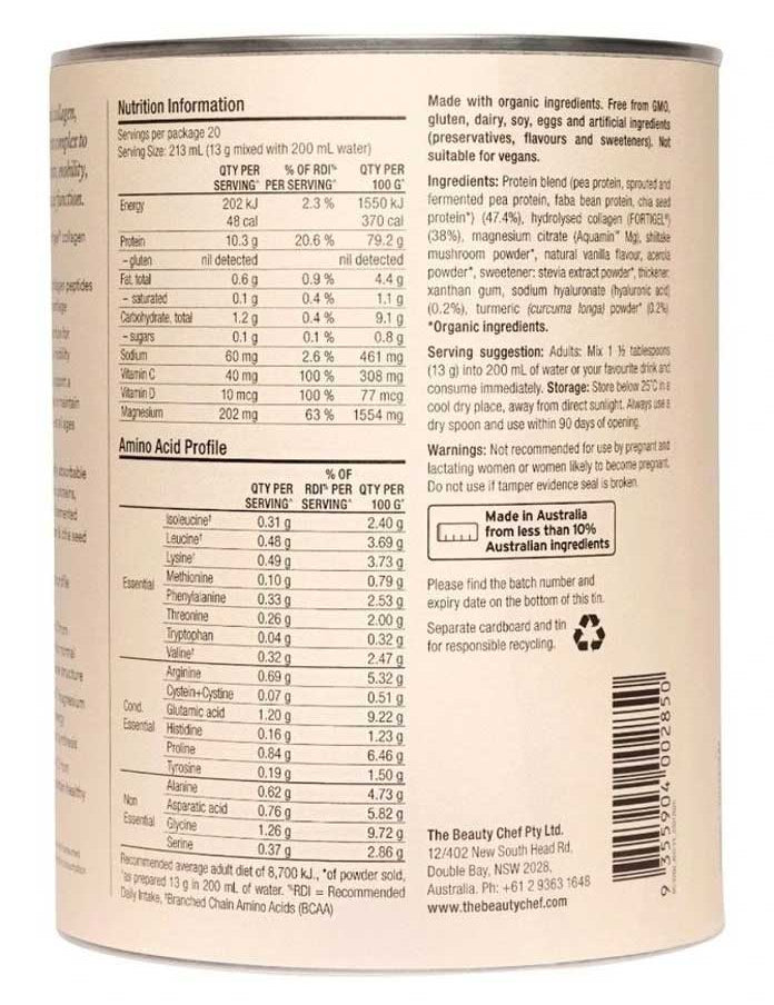 The back label of The Beauty Chef Body Collagen™ Vanilla 260g canister displays nutrition info, amino acid profile, organic ingredients, usage directions, company contact details, and a barcode at the bottom right.