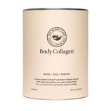 A beige cylindrical container of The Beauty Chef Body Collagen™ Vanilla 260g powder, featuring collagen peptides and vanilla flavor. The label highlights support for muscle function and joint health, with 20 serves per pack.