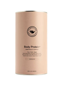 The Beauty Chef Body Protein+ Inner Beauty Support Chocolate 600g offers 20 servings of bio-fermented plant-based protein powder in a cylindrical container with a minimalist beige label, formulated to support lean muscle mass.