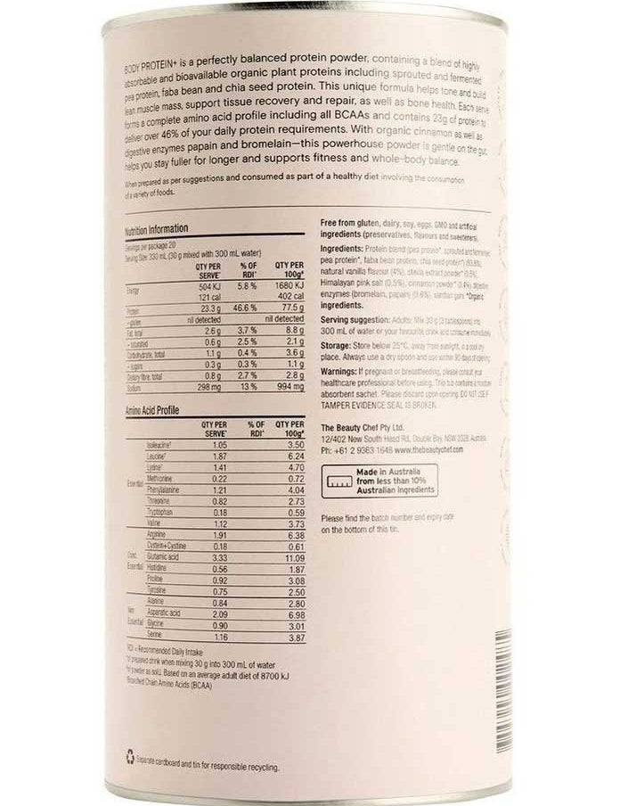 A 600g tub of The Beauty Chef Body Protein+ Inner Beauty Support Vanilla displays its back label with nutrition facts, ingredients, amino acid profile, usage directions, manufacturing details, and recycling info.