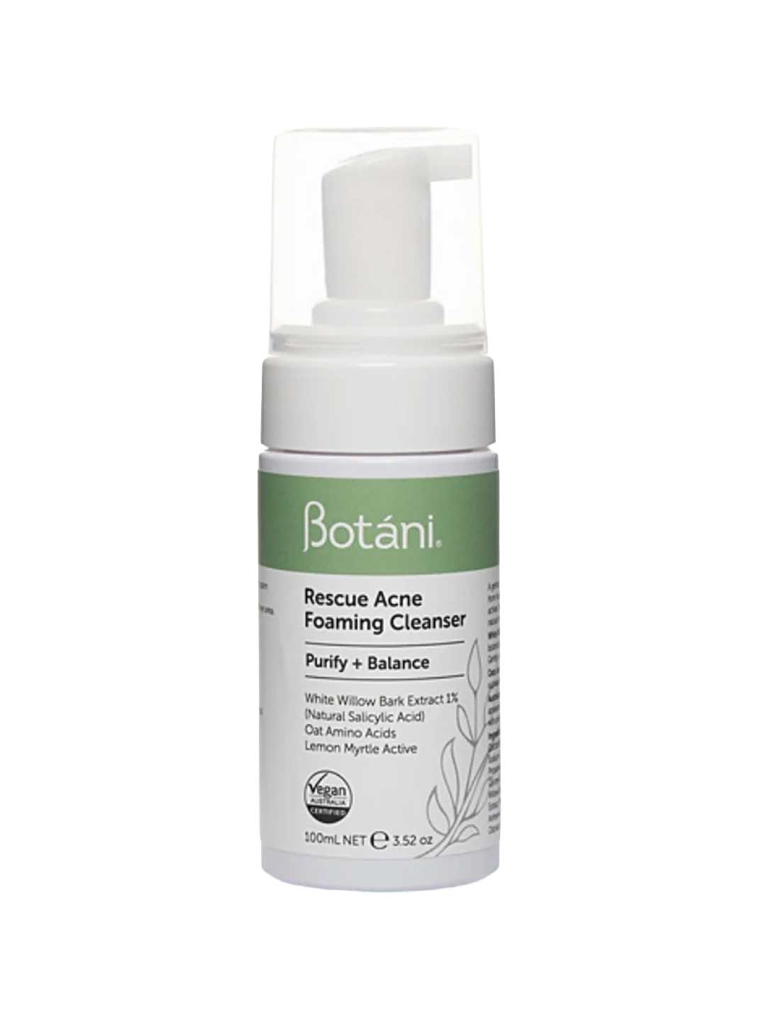 A 100ml bottle of Botani Rescue Acne Foaming Cleanser features a pump dispenser and a green-white label highlighting salicylic acid. Vegan and cruelty-free icons emphasize this natural face wash.