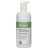 A 100ml bottle of Botani Rescue Acne Foaming Cleanser features a pump dispenser and a green-white label highlighting salicylic acid. Vegan and cruelty-free icons emphasize this natural face wash.