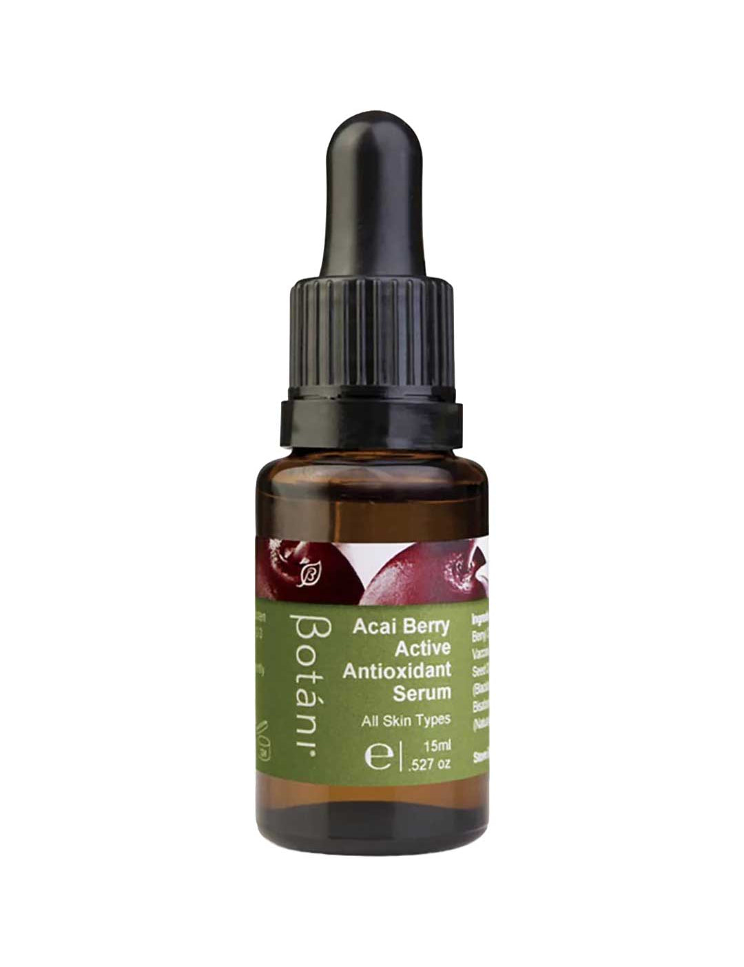 A small amber glass dropper bottle of Botânir Acai Berry Active Antioxidant Serum with a black dropper cap and a green label, isolated on a white background.