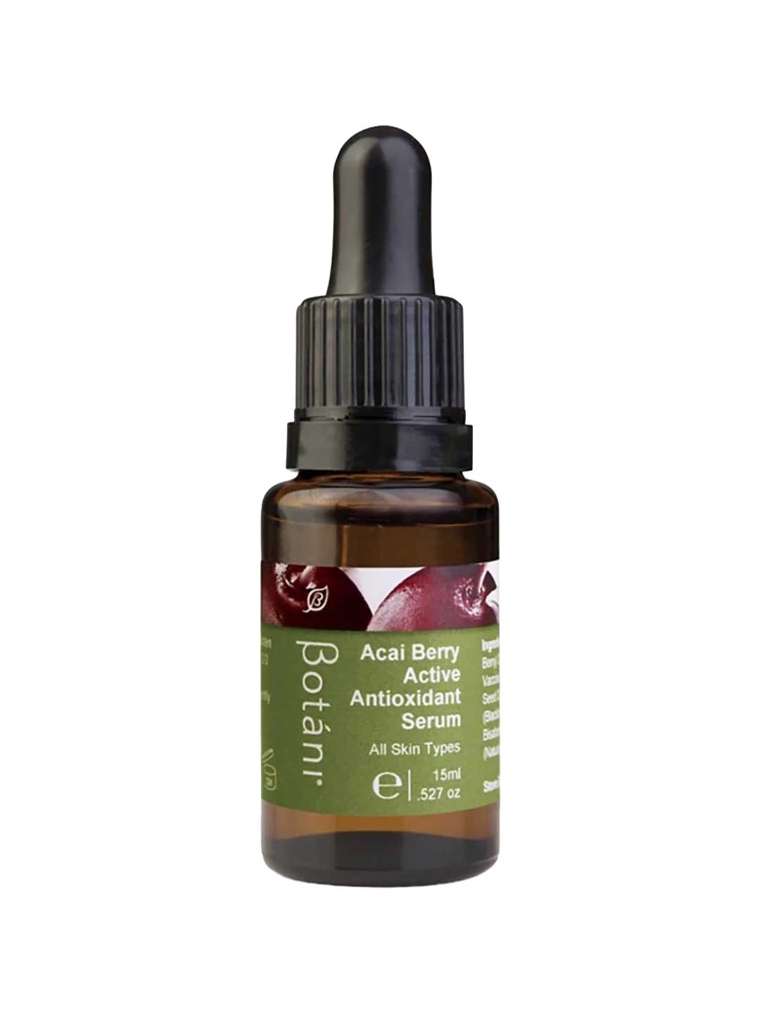 A small amber glass dropper bottle of Botânir Acai Berry Active Antioxidant Serum with a black dropper cap and a green label, isolated on a white background.